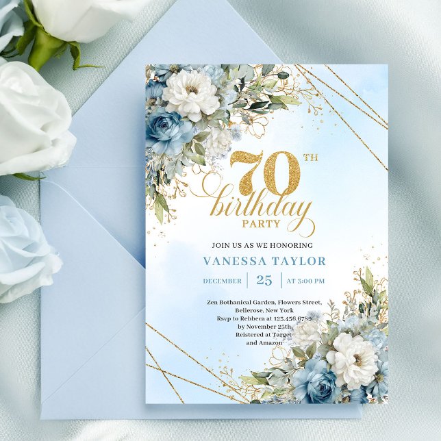 Convite Florais de aquarela azul empoeirado refinado para  (Refined dusty blue watercolor florals 70th birthday

)