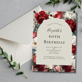 Convite Florais de Aquarela Vermelho Branco para o 60º Ani