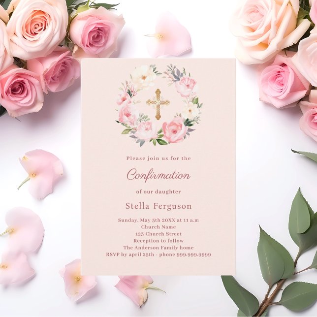 Convite Florais de blush rosa suave cruz de Confirmação (Criador carregado)