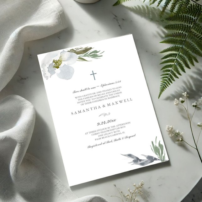 Convite Florais de Cinza Legal de Casamento Cristão (Baptism invitations watercolor grey flowers and greenery)