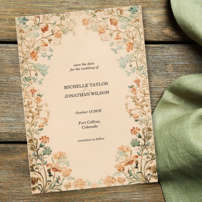 Convite Florais de Jardim Vitoriano Antigo Salvar a Data (victorian garden floral wedding invitation)