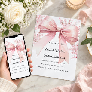 Convite Florais de laço rosa Quinceanera
