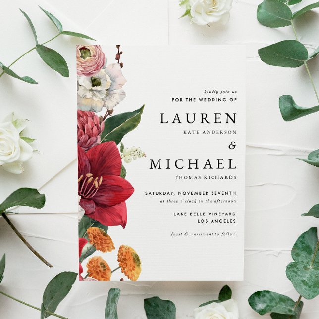 Convite Florais de outono com Casamento de Código QR de Am (Fall-inspired QR code wedding invitation with amaryllis, chrysanthemums, ranunculus, and lisanthus. )