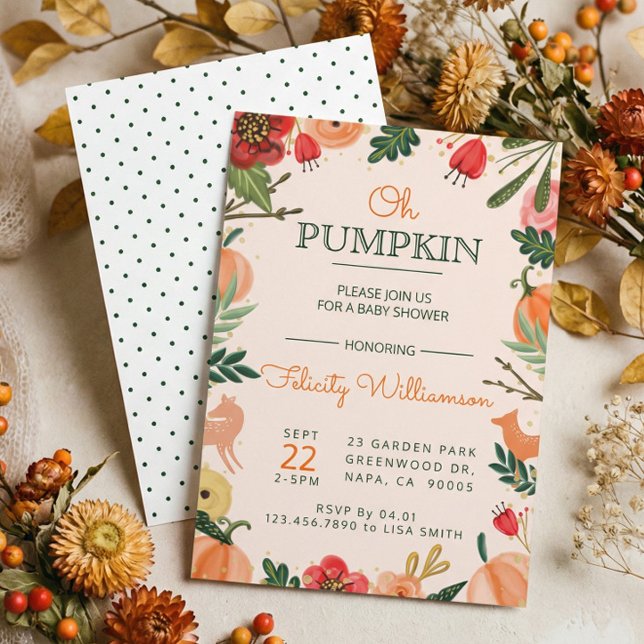Convite Florais de outono e Chá de fraldas de Abóbora de F (Cute Fall Autumn Floral Pumpkin Patch Baby Shower Invitation)