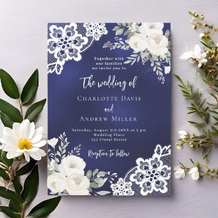 Convite Florais de renda azul branco casamento