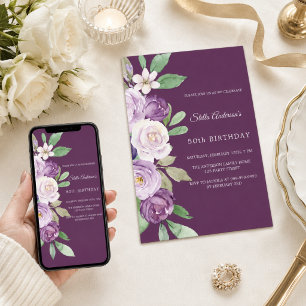 Convite Florais de violeta roxa de aniversário