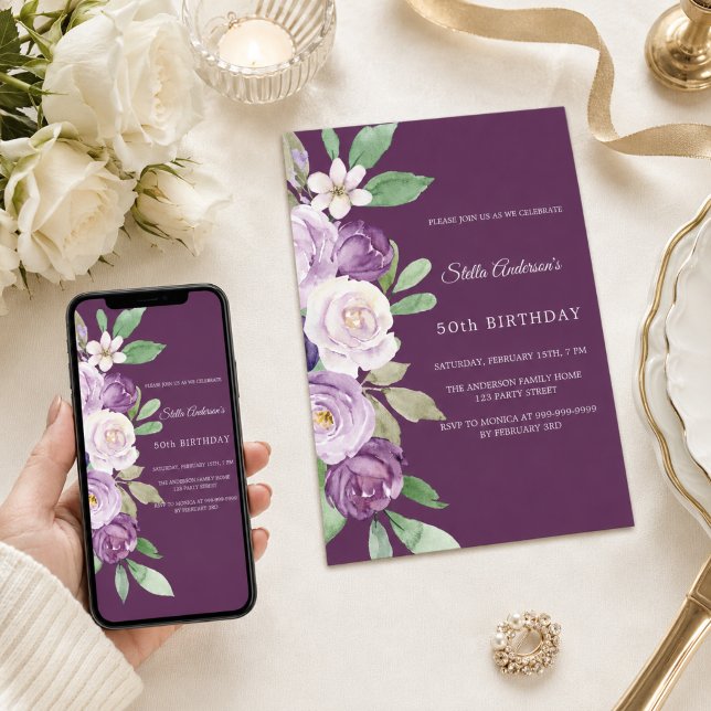 Convite Florais de violeta roxa de aniversário (Criador carregado)