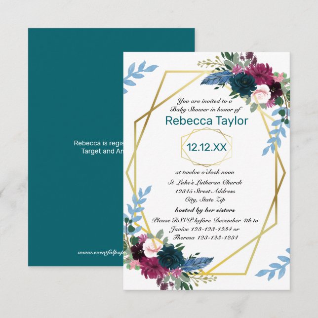 Convite Florais Desabrocham Mod Vert Teal - 3x5 Chá de Beb (Frente/Verso)