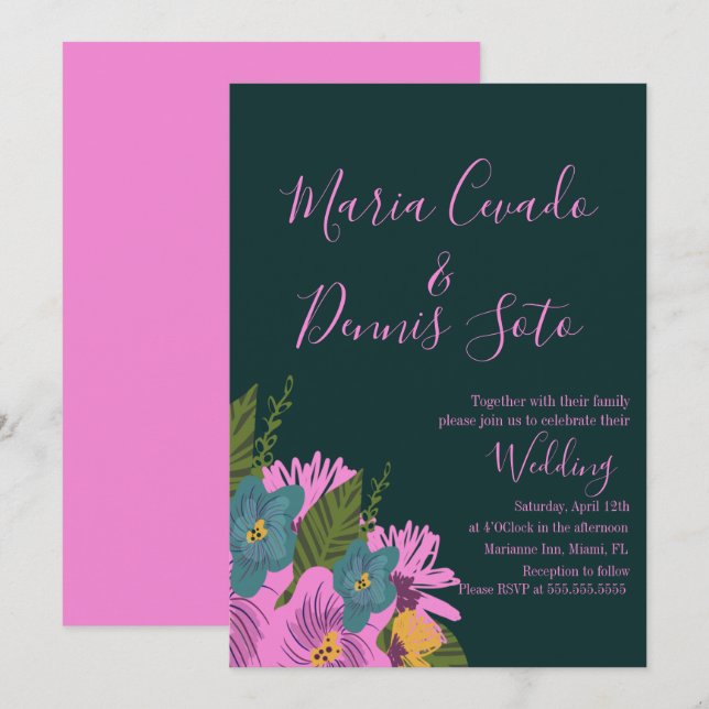 Convite Florais Desenhados à Mão Casamento Cor Ousada (Frente/Verso)