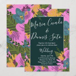 Convite Florais Desenhados à Mão Casamento Verde Bold Rosa