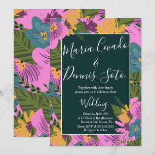Convite Florais Desenhados à Mão Casamento Verde Bold Rosa