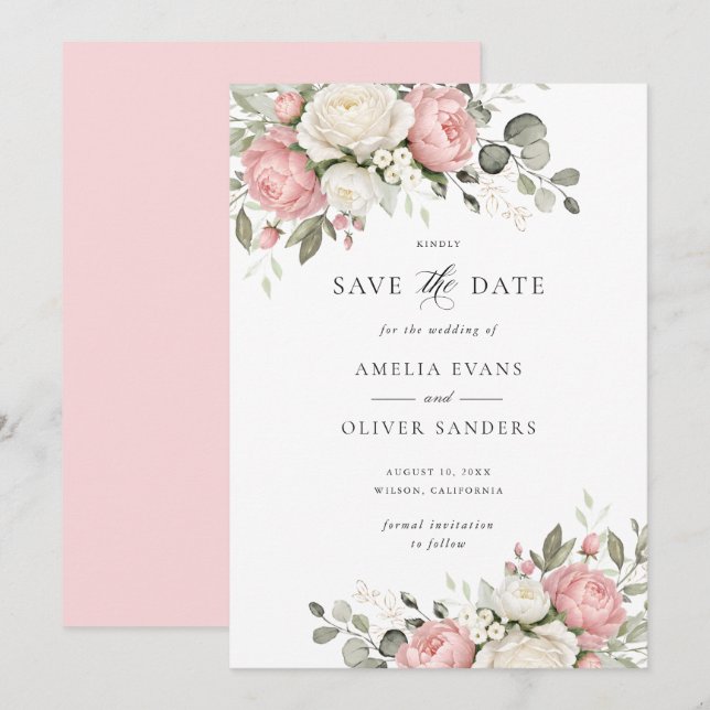 Convite Florais Elegante Rosa Bege Casamento Save the Date (Frente/Verso)
