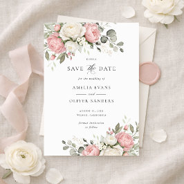 Convite Florais Elegante Rosa Bege Casamento Save the Date