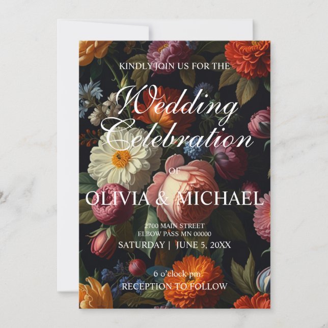 Convite Florais elegantes de coloração escura (Frente)