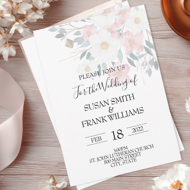 Convite Florais em Aquarela Rosa e Branco Rústico Elegante (Watercolor Floral Wedding Invite)