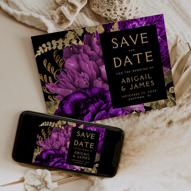 Convite Florais Escuros Roxo Dourado Casamento Salve a Dat (Criador carregado)