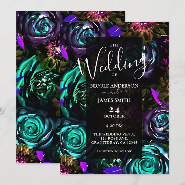 Convite Florais Flores Ousadia Escura Bodas Glamour Bold (Frente/Verso)