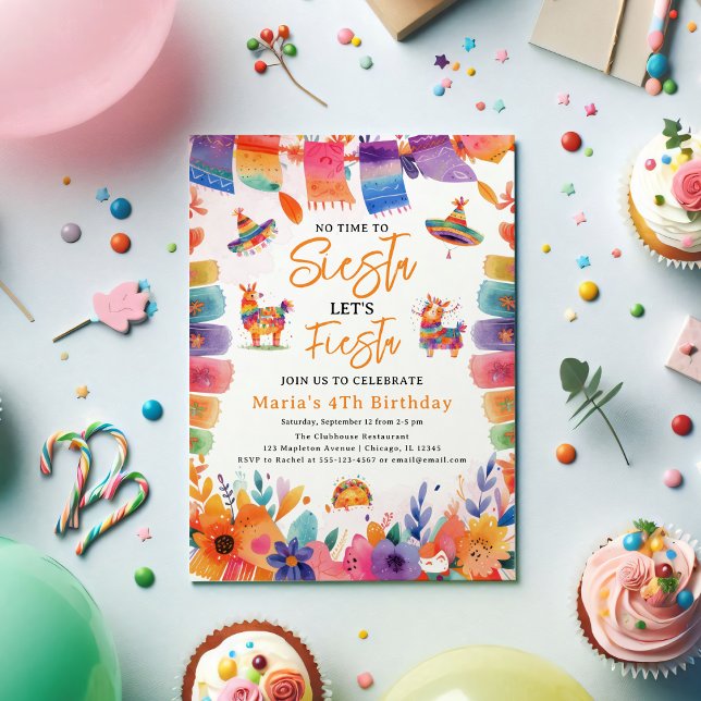 Convite Florais mexicanos, sem tempo para a Garota de aniv ( Florals Mexican, No time to Siesta, Let's Fiesta, Birthday Girl Party Invitation)