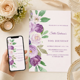 Convite Florais rosa bege roxo aniversário