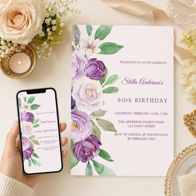 Convite Florais rosa bege roxo aniversário (Criador carregado)