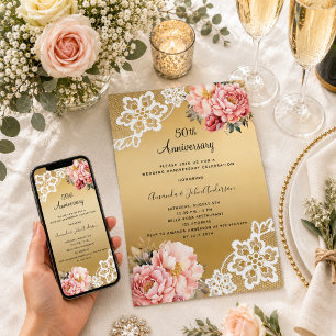 Convite Florais rosa dourado 50º aniversário de casamento