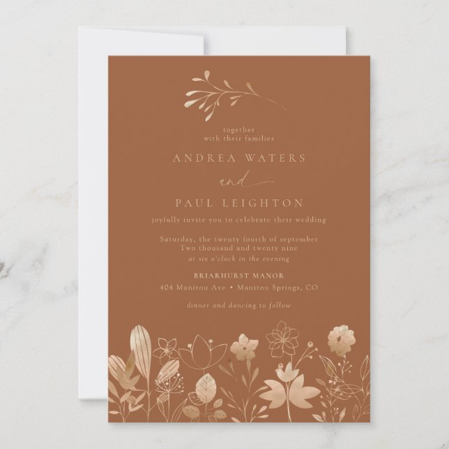 Convite Florais rosa Dourados | Boho Flower Casamento Eleg (Frente)