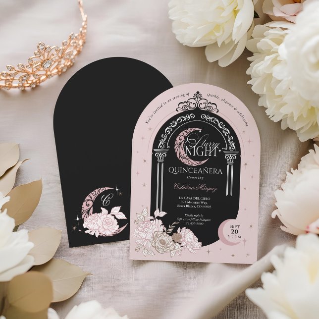 Convite Florais Rosa Elegantes Estrelas da Lua Tiara Quinc (Elegant Pink Florals Moon Stars Tiara Quinceañera Invitation)