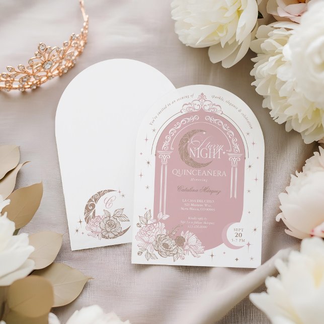 Convite Florais Rosa Elegantes Lua Estrelas Tiara Quinceañ (Elegant Pink Florals Moon Stars Tiara Quinceañera Invitation)