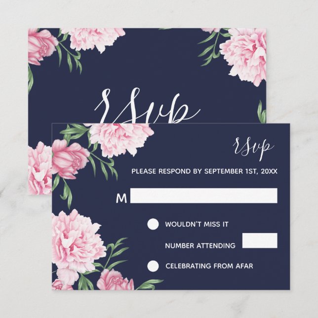 Convite Florais Rosa & Fundo Azul-Marinho | RSVP (Frente/Verso)