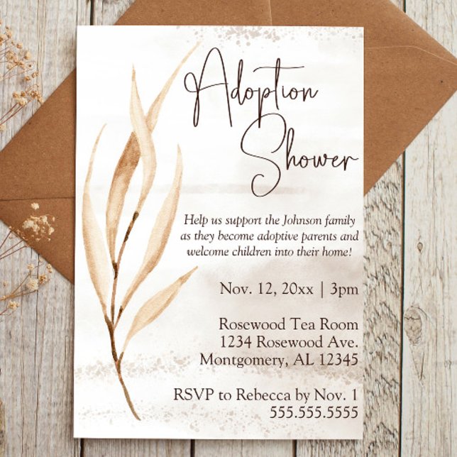 Convite Florais Secos Boho Adoptivos Bebê/Chá Infantil (adoption baby shower invitation with brown script text and boho dried floral elements)