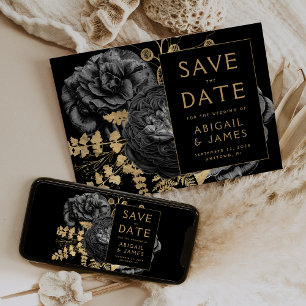 Convite Florais Sombrios Preto e Dourado para Casamento Sa