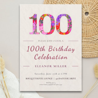 Convite Floral 100th Birthday - Elegant Celebration