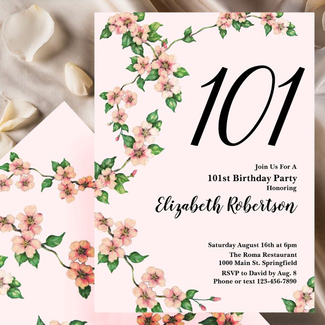 Convite Floral 101st Birthday Invitation in Blush Pink (Criador carregado)