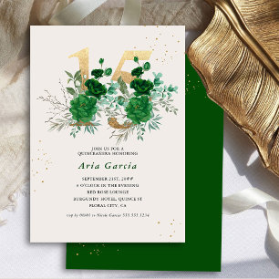 Convite Floral 15 Verde Esmeralda e Dourado Quinceanera