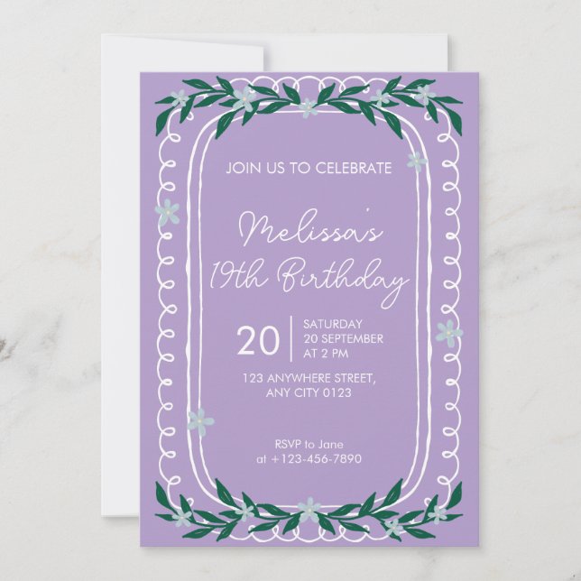 Convite Floral 19th Birthday Invitation Lilac Coquette (Frente)