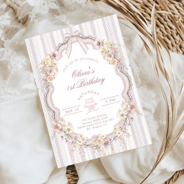 Convite Floral 1st Birthday Bow Photo Invitation (Criador carregado)