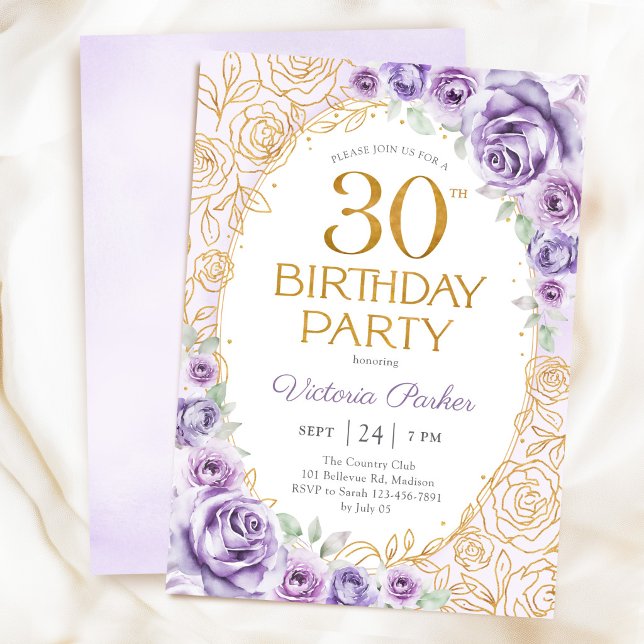 Convite Floral 30 Anos Lilás Roxo Dourado (Criador carregado)
