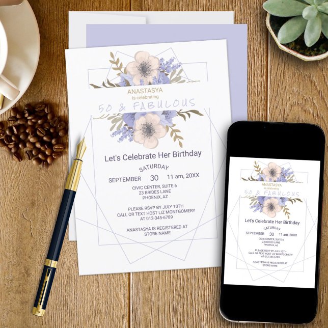 Convite Floral 50 e Fabuloso Aniversário Violeta Rosa Pêss (This template birthday invitation can be ordered as a printed product and / or downloadable.)