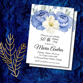 Convite Floral 50th Birthday Elegant Watercolor white blue