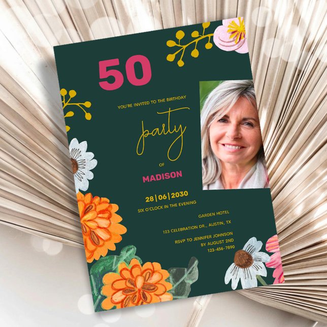 Convite Floral 50th Birthday Party Invitation Photo (50th Birthday Party Invitation Floral Photo Style)