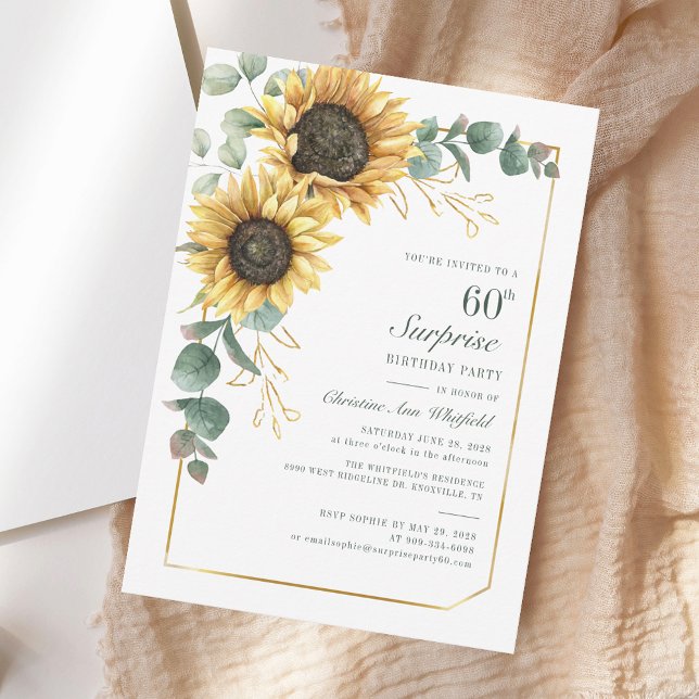 Convite Floral 60ª Cores de Cana Solar Aniversário (Floral 60th Birthday Sunflower Eucalyptus Invitation)