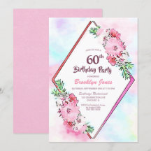 Floral 60ª Festa de aniversário rosa com aquarelas