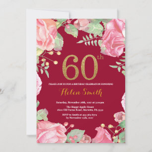 Convite Floral 60º Aniversário Dourado Brilhante Vermelho