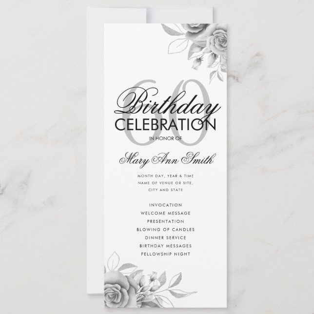 Convite Floral 60º Programa de Aniversário Prata c/ Menu (Frente)