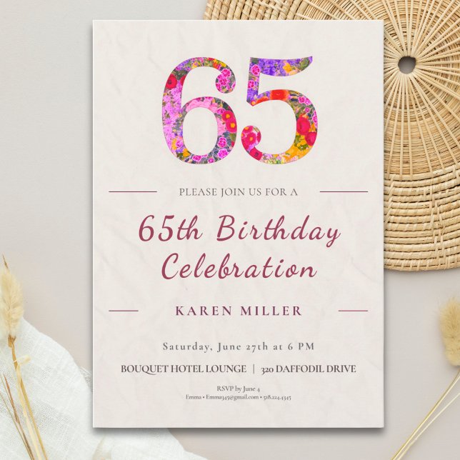 Convite Floral 65th Birthday - Elegant Celebration (Criador carregado)