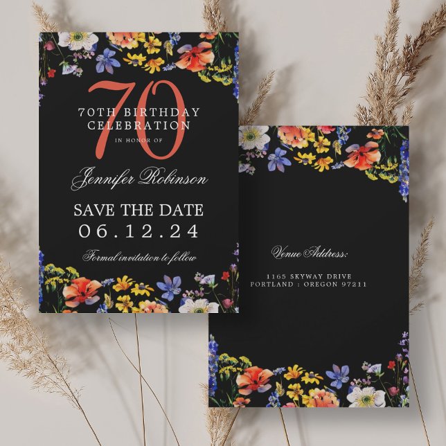 Convite Floral 70 Birthday Salvar Data Preto (Floral 70th Birthday Save the Date Black Invitation)