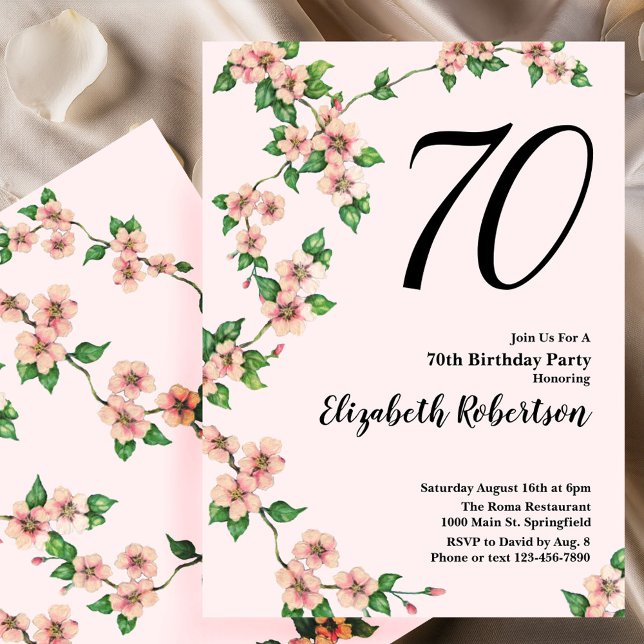 Convite Floral 70th Birthday Invitation in Blush Pink (Criador carregado)