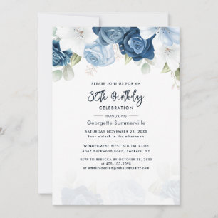 Convite Floral 80 Birthday Dusty Blue Script Party