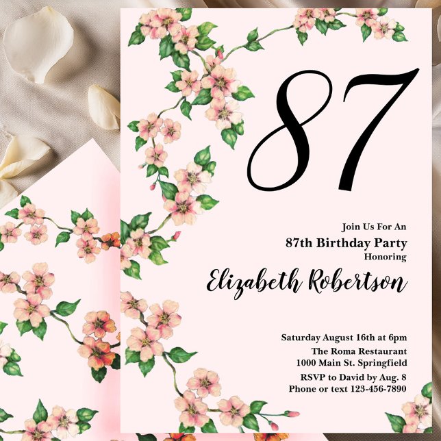 Convite Floral 87th Birthday Invitation in Blush Pink (Criador carregado)