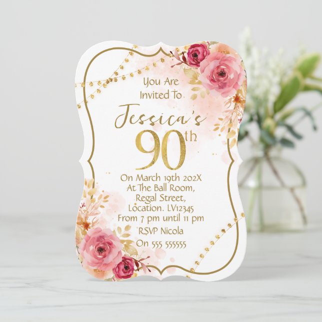 Convite Floral 90th Birthday Invitation (Em pé/Frente)